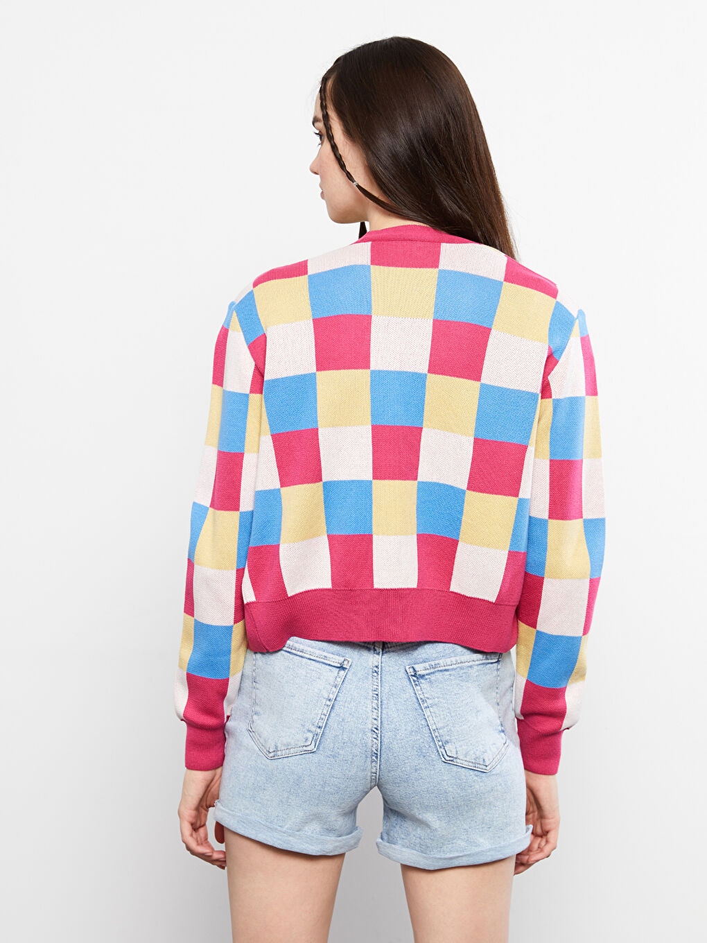 Pembe V Yaka Ekose Uzun Kollu Kadın Triko Hırka-3