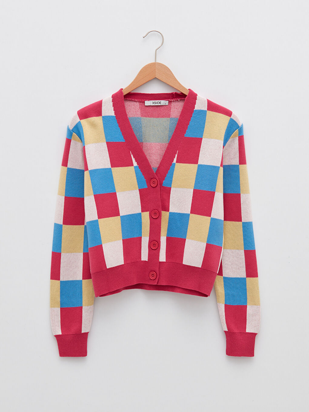 Pembe V Yaka Ekose Uzun Kollu Kadın Triko Hırka-4