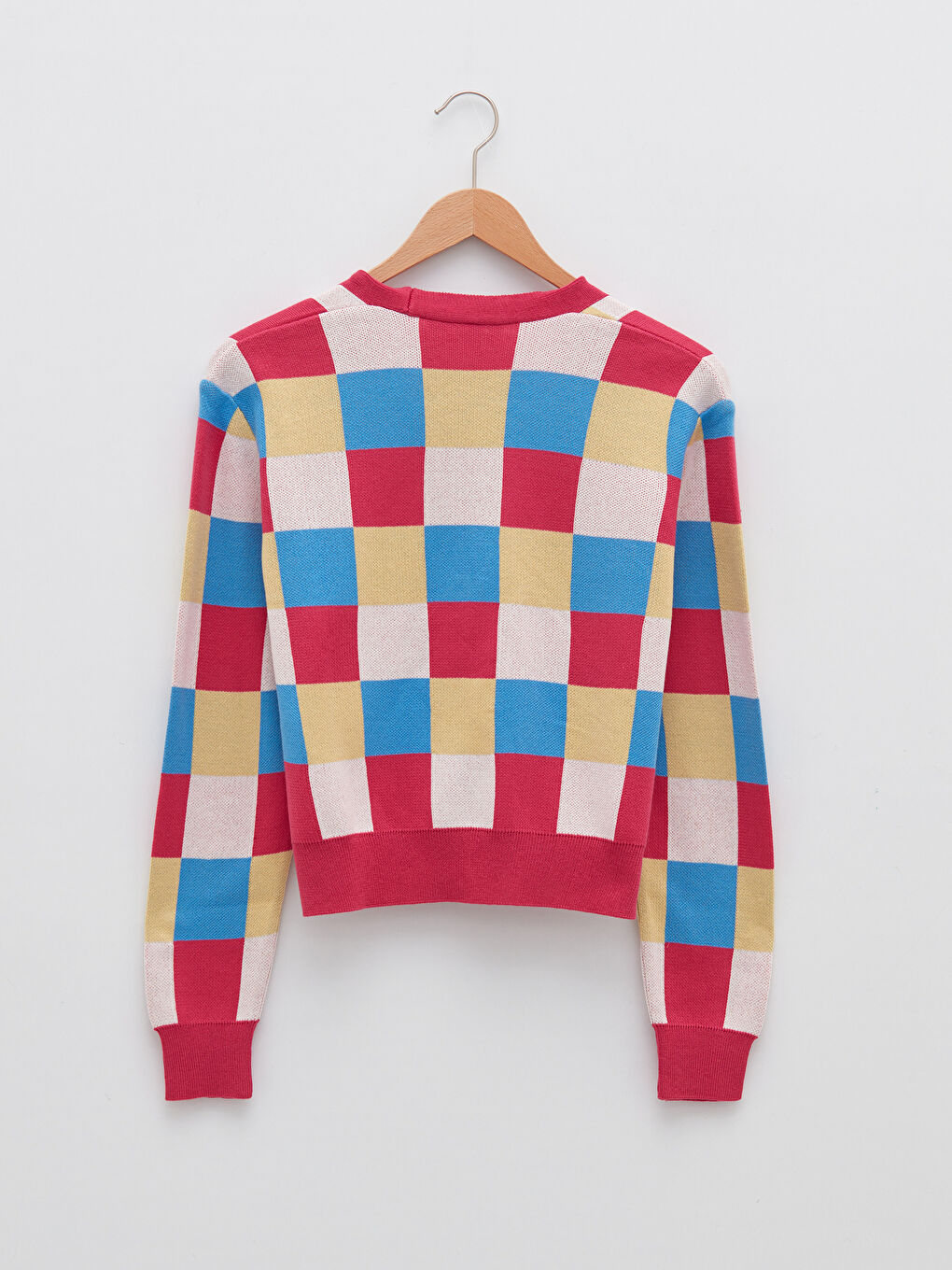 Pembe V Yaka Ekose Uzun Kollu Kadın Triko Hırka-5