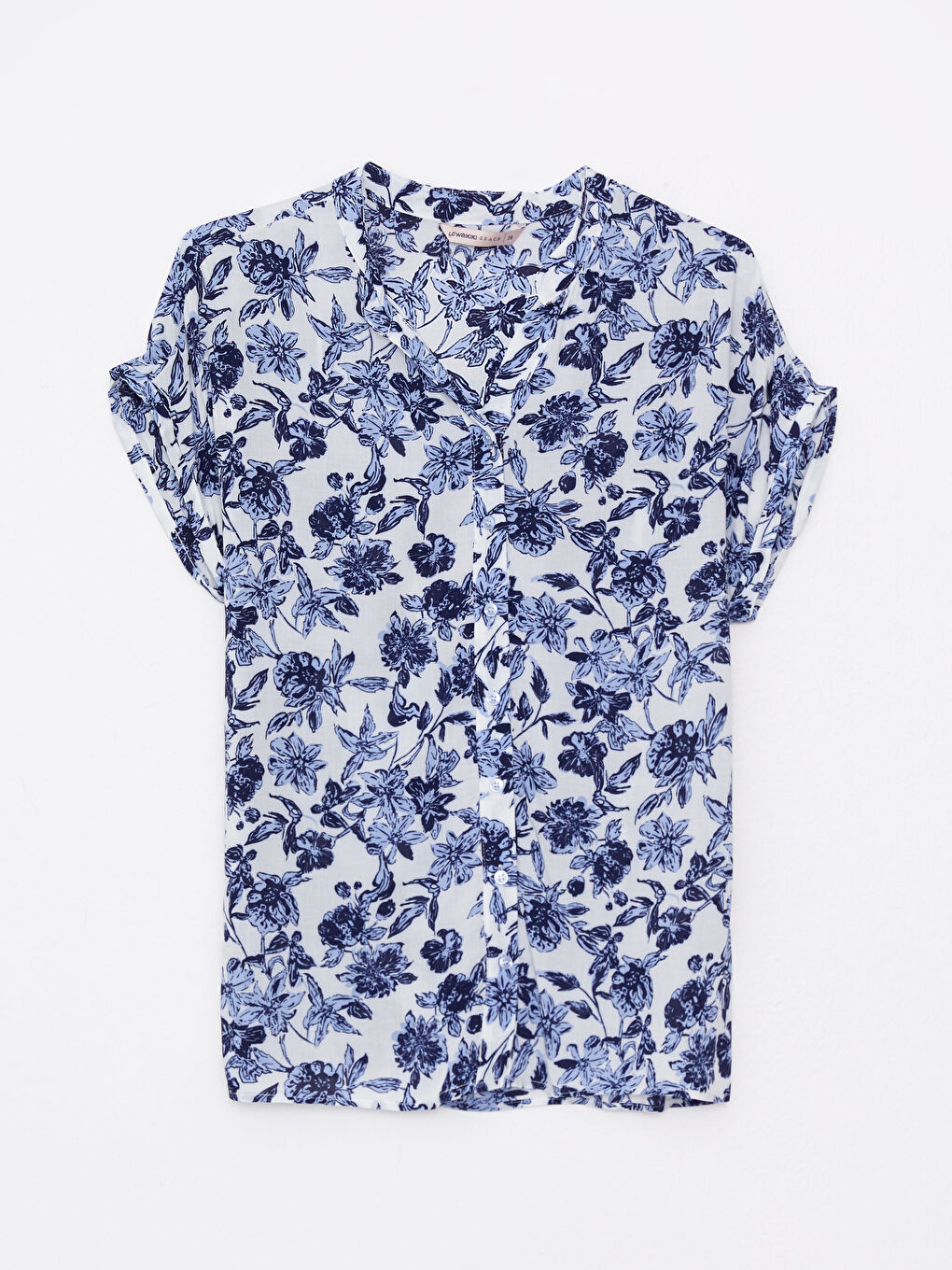 Chemise à Col Rond Floral Manches Courtes en Tissu Froissé pour Femmes-5