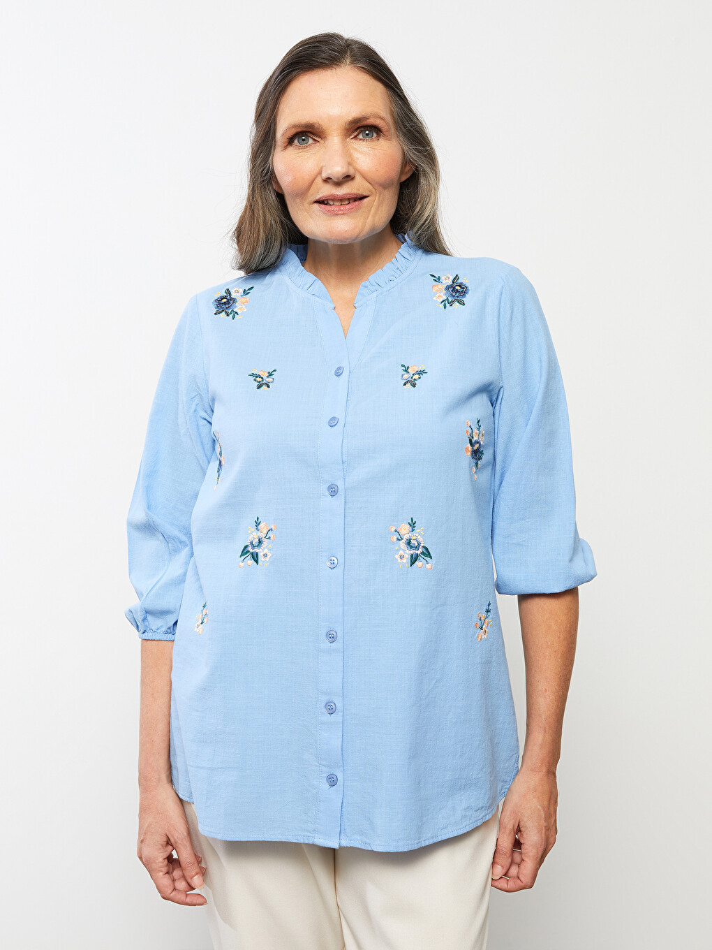 Women's Crew Neck Embroidery Cotton Shirt-2