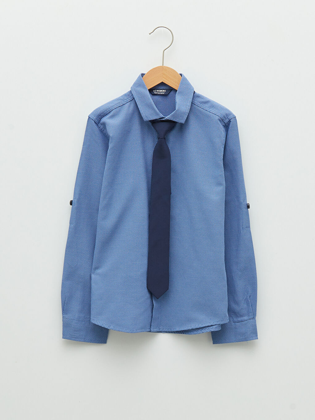 Mavi Kendinden Desenli Uzun Kollu Erkek Çocuk Gömlek ve Kravat-1