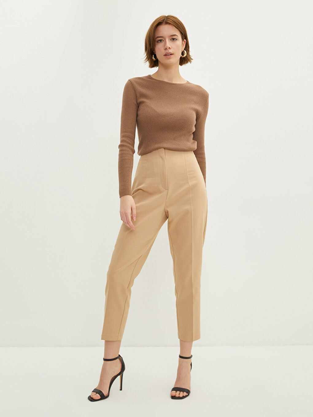 بنطلون سادة عالي الخصر بقصة عادية للسيدات-1