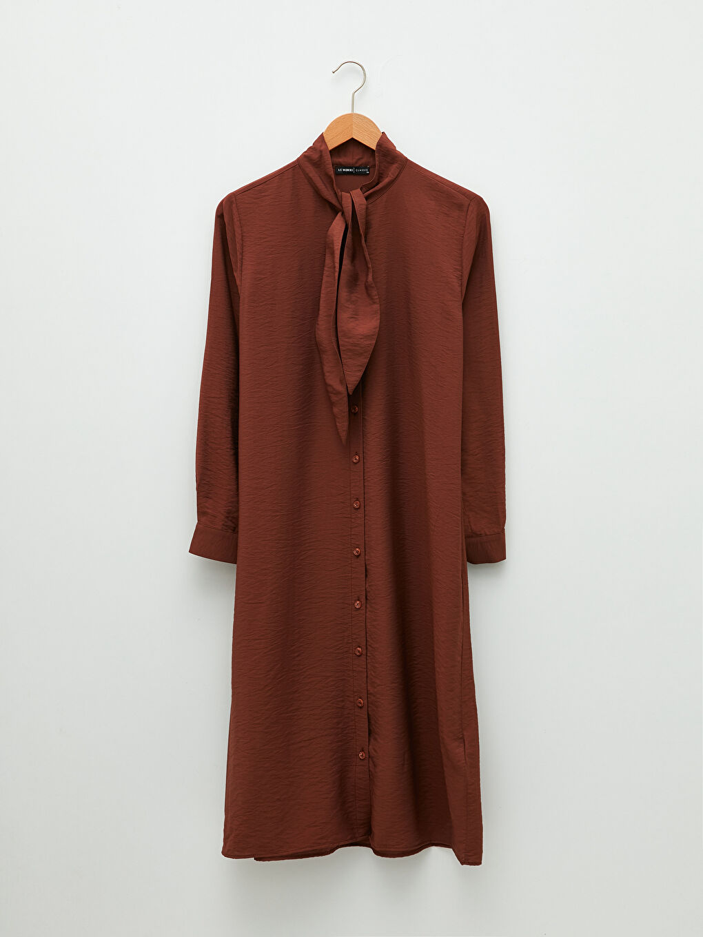 Kahverengi Bağlamalı Yaka Düz Uzun Kollu Kadın Tunik-4