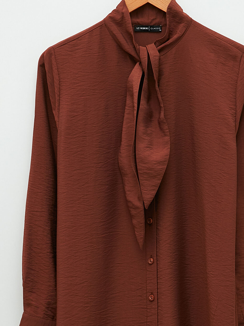 Kahverengi Bağlamalı Yaka Düz Uzun Kollu Kadın Tunik-6