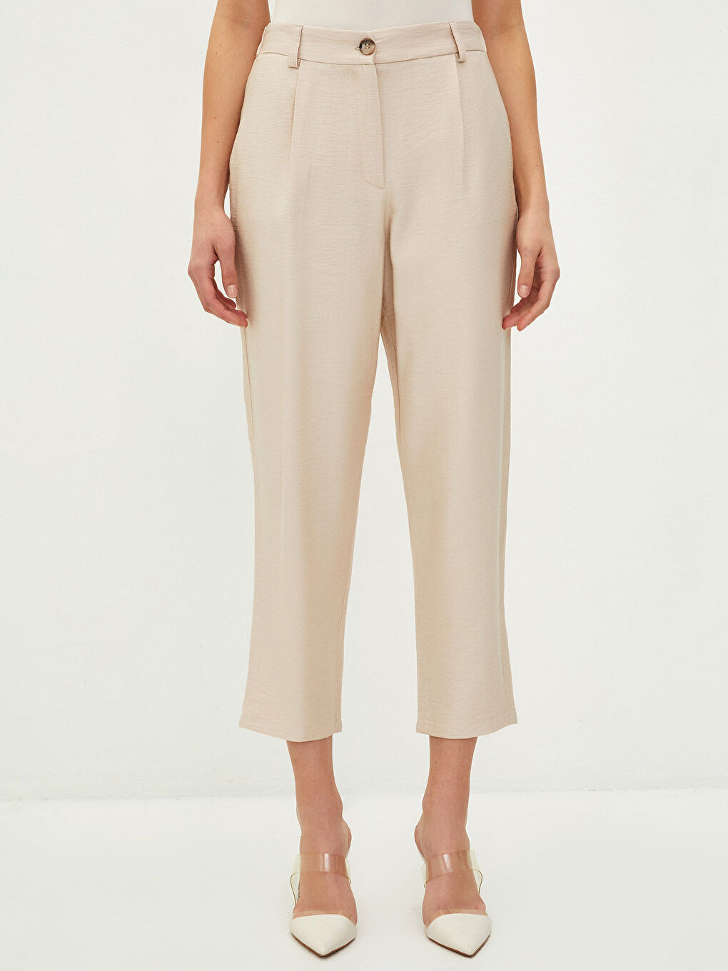 Bej Kadın Beli Lastikli Standart Fit Düz Pantolon-6