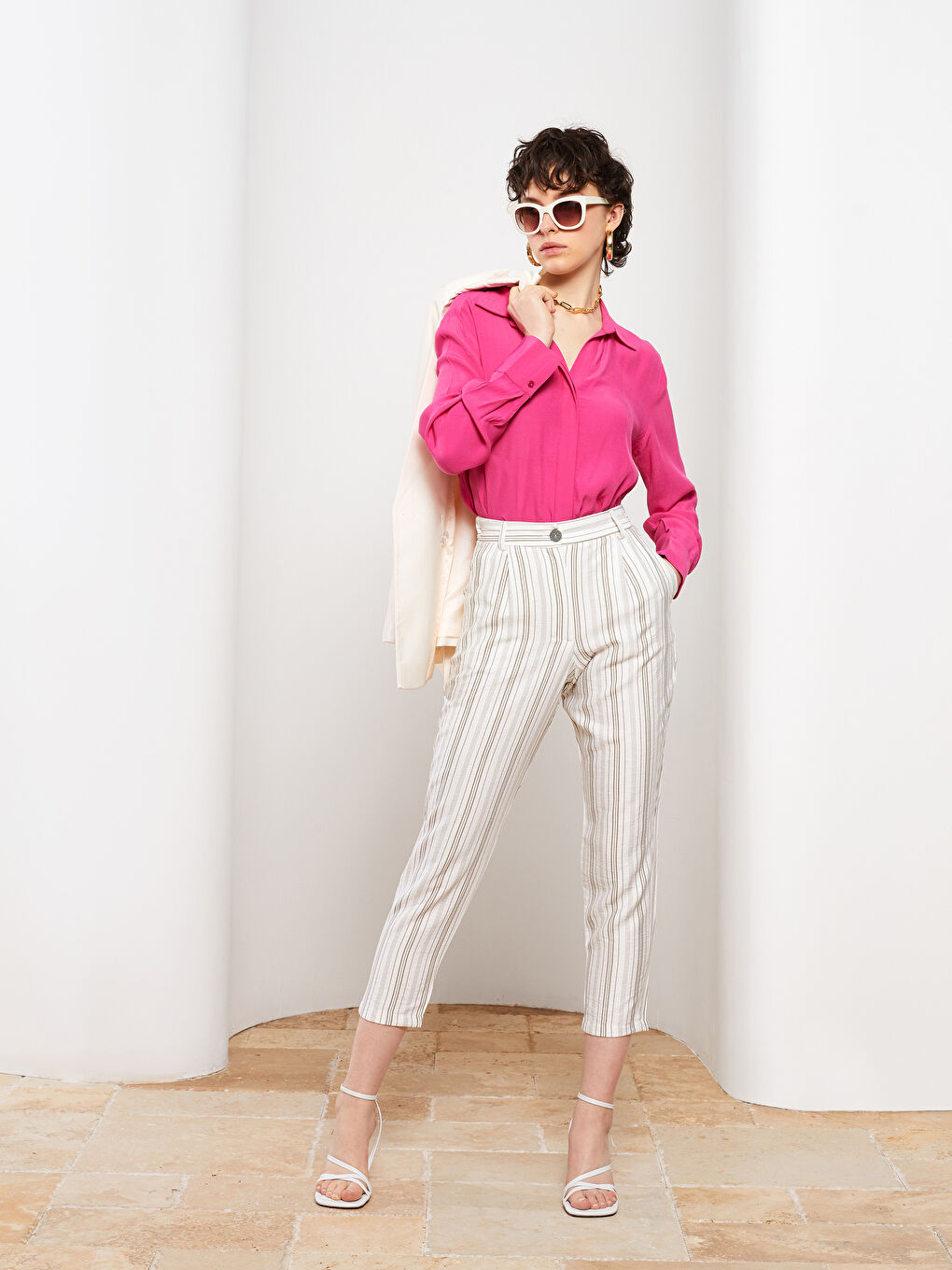High Waist Comfortable Fit Striped Pocket Detailed Women's Trousers