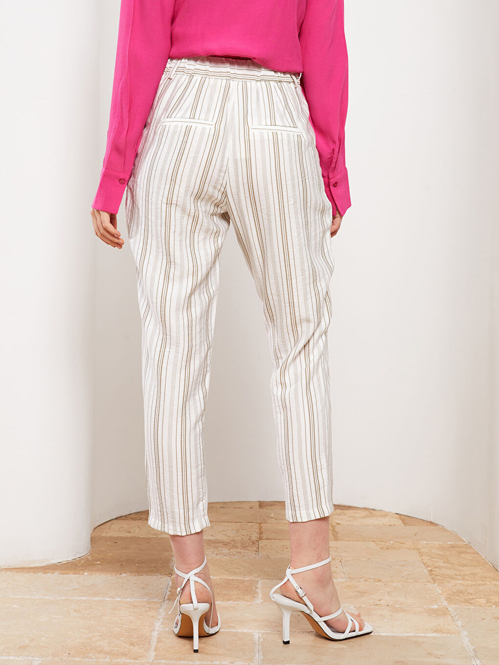 High Waist Comfortable Fit Striped Pocket Detailed Women's Trousers-5