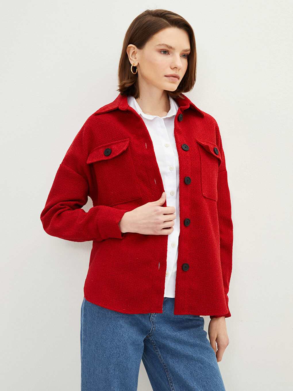 Front Button Closure Straight Long Sleeve Oversize Women's Tweed Shirt Jacket-1