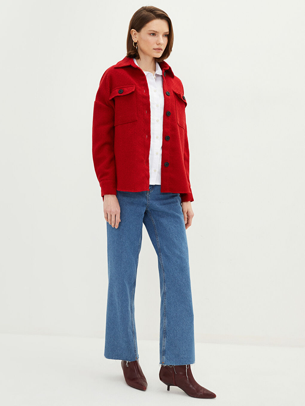 Front Button Closure Straight Long Sleeve Oversize Women's Tweed Shirt Jacket-2