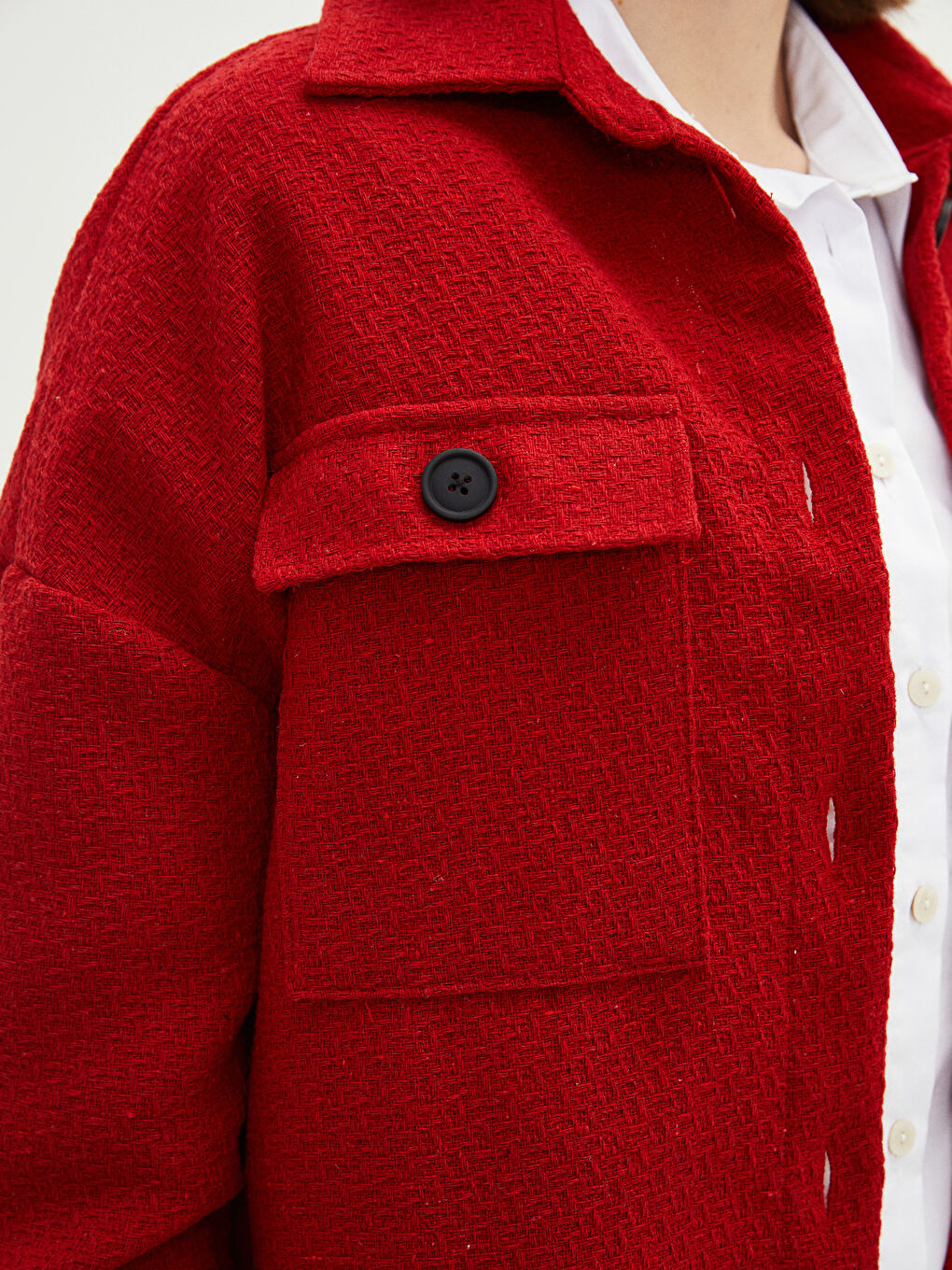 Front Button Closure Straight Long Sleeve Oversize Women's Tweed Shirt Jacket-3