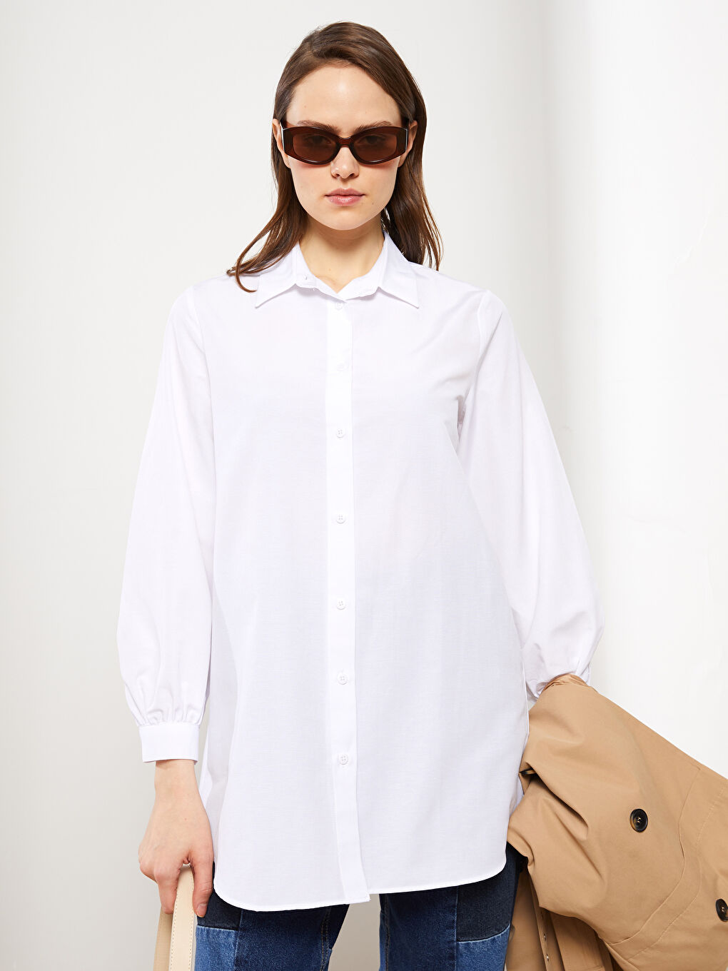 Ekru Düz Poplin Kadın Gömlek Tunik