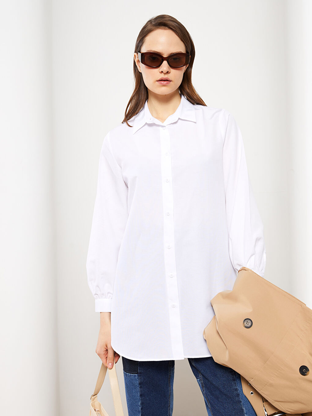 Ekru Düz Poplin Kadın Gömlek Tunik-1