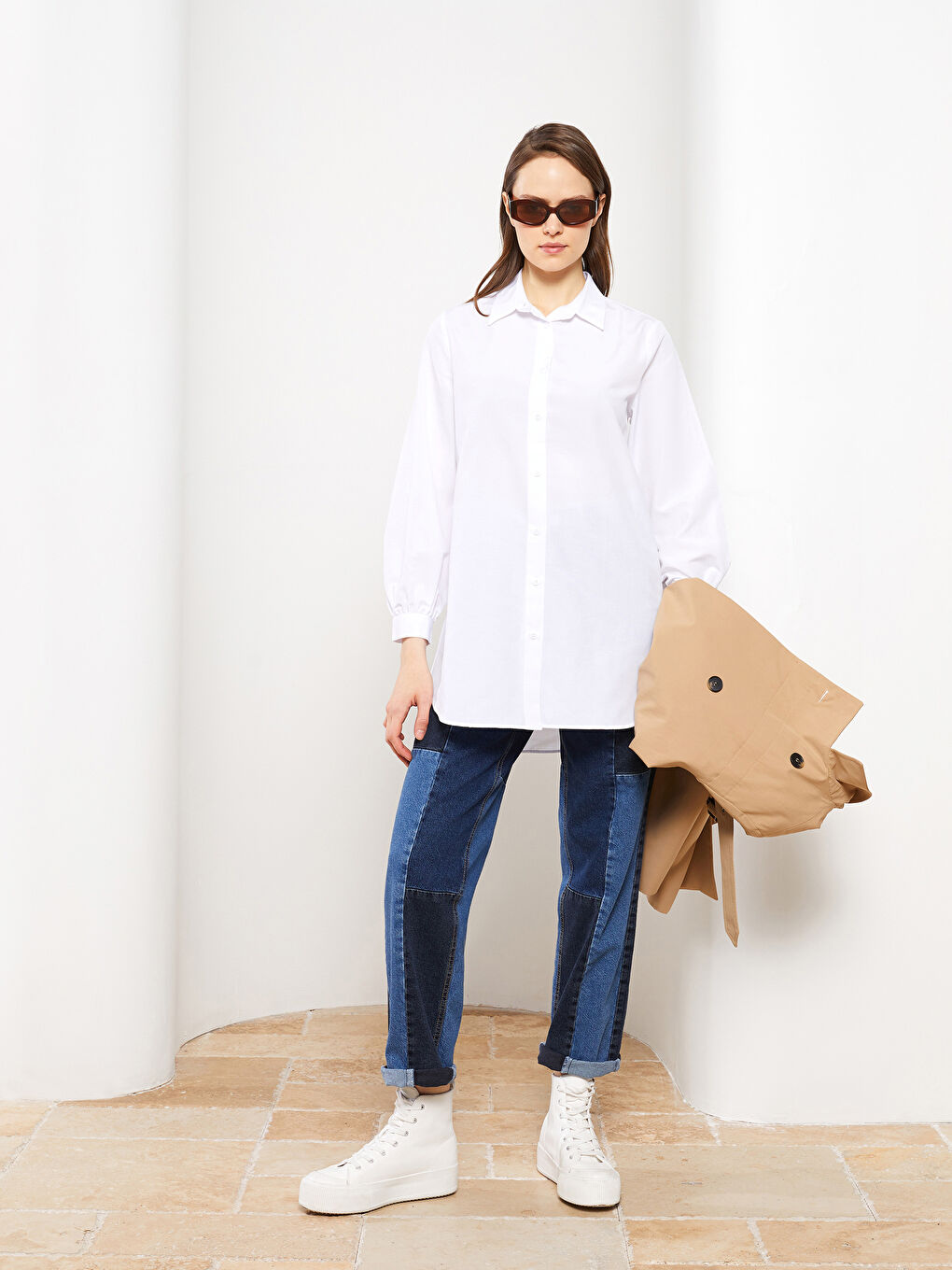 Ekru Düz Poplin Kadın Gömlek Tunik-2