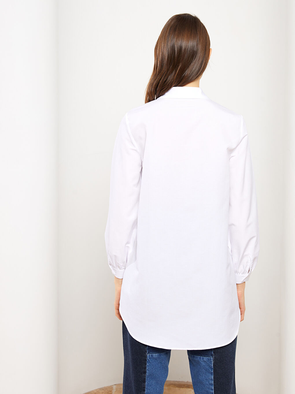 Ekru Düz Poplin Kadın Gömlek Tunik-4