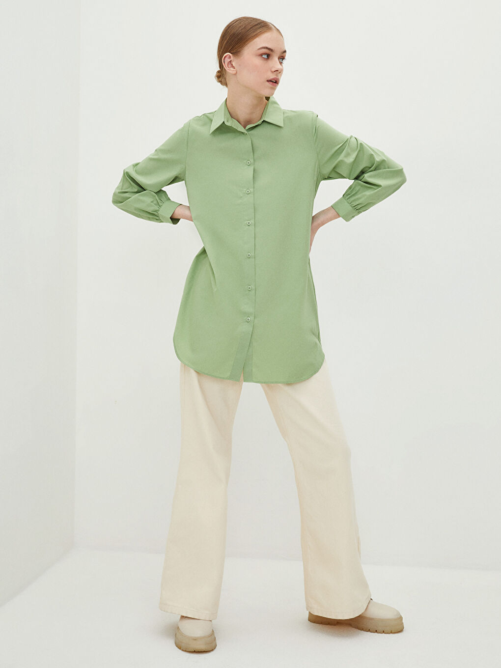 Однотонная рубашка-туника из поплина для женщин-2