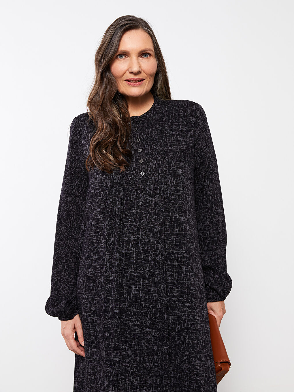 Siyah Bisiklet Yaka Desenli Uzun Kollu A Kesim Viskon Kadın Elbise-2