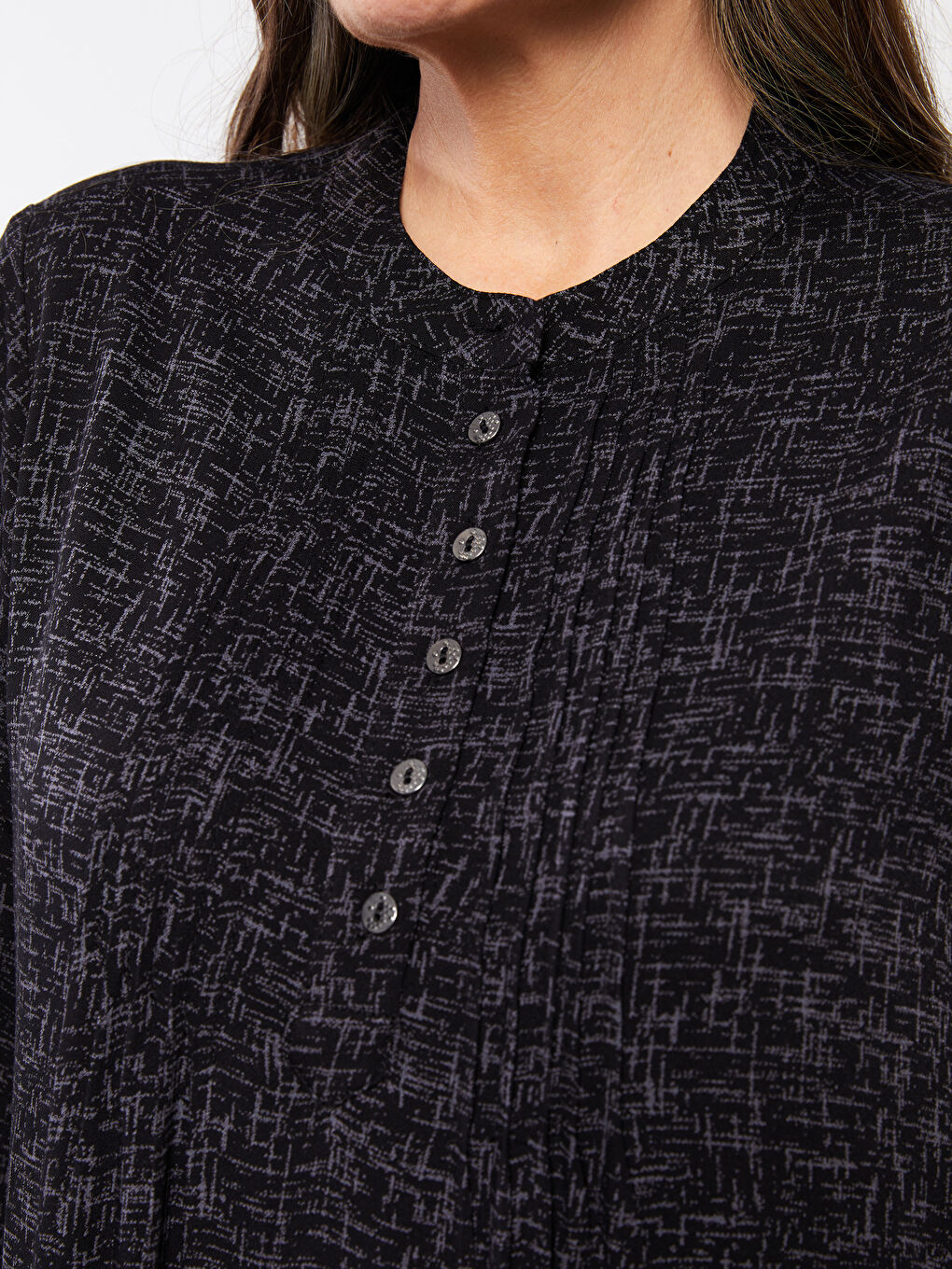 Siyah Bisiklet Yaka Desenli Uzun Kollu A Kesim Viskon Kadın Elbise-3