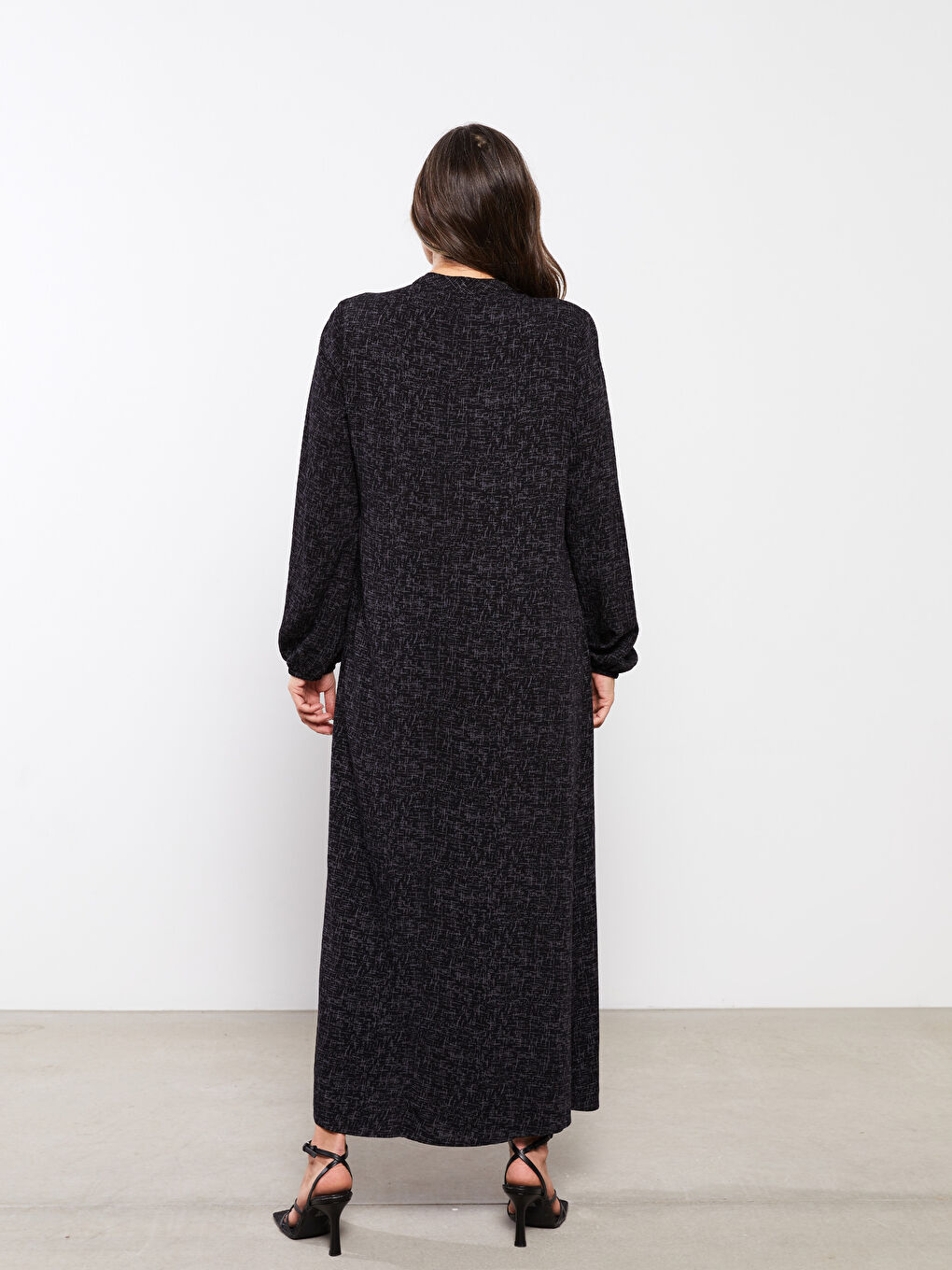 Siyah Bisiklet Yaka Desenli Uzun Kollu A Kesim Viskon Kadın Elbise-4