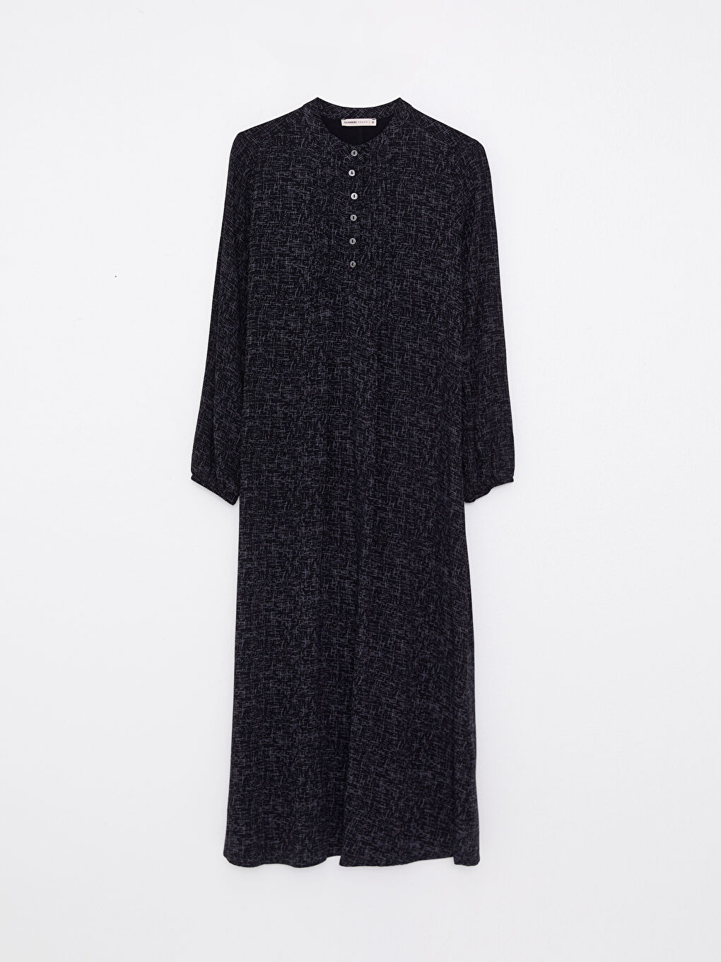 Siyah Bisiklet Yaka Desenli Uzun Kollu A Kesim Viskon Kadın Elbise-5