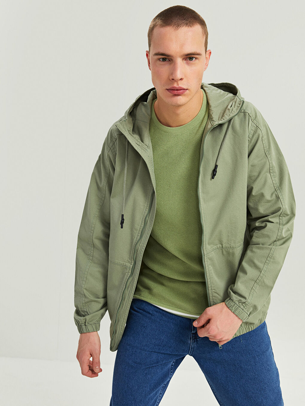 Yeşil Standart Kalıp Kapüşonlu Erkek Mont