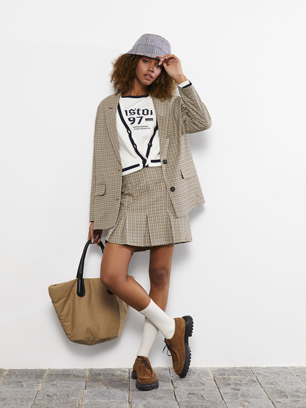 Gri Beli Fermuarlı Desenli Kadın Pileli Etek