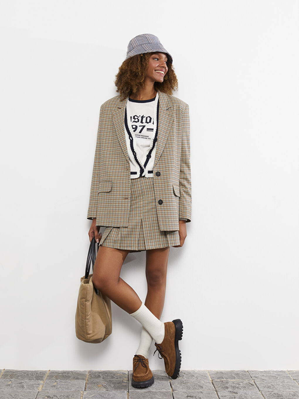 Gri Beli Fermuarlı Desenli Kadın Pileli Etek-1