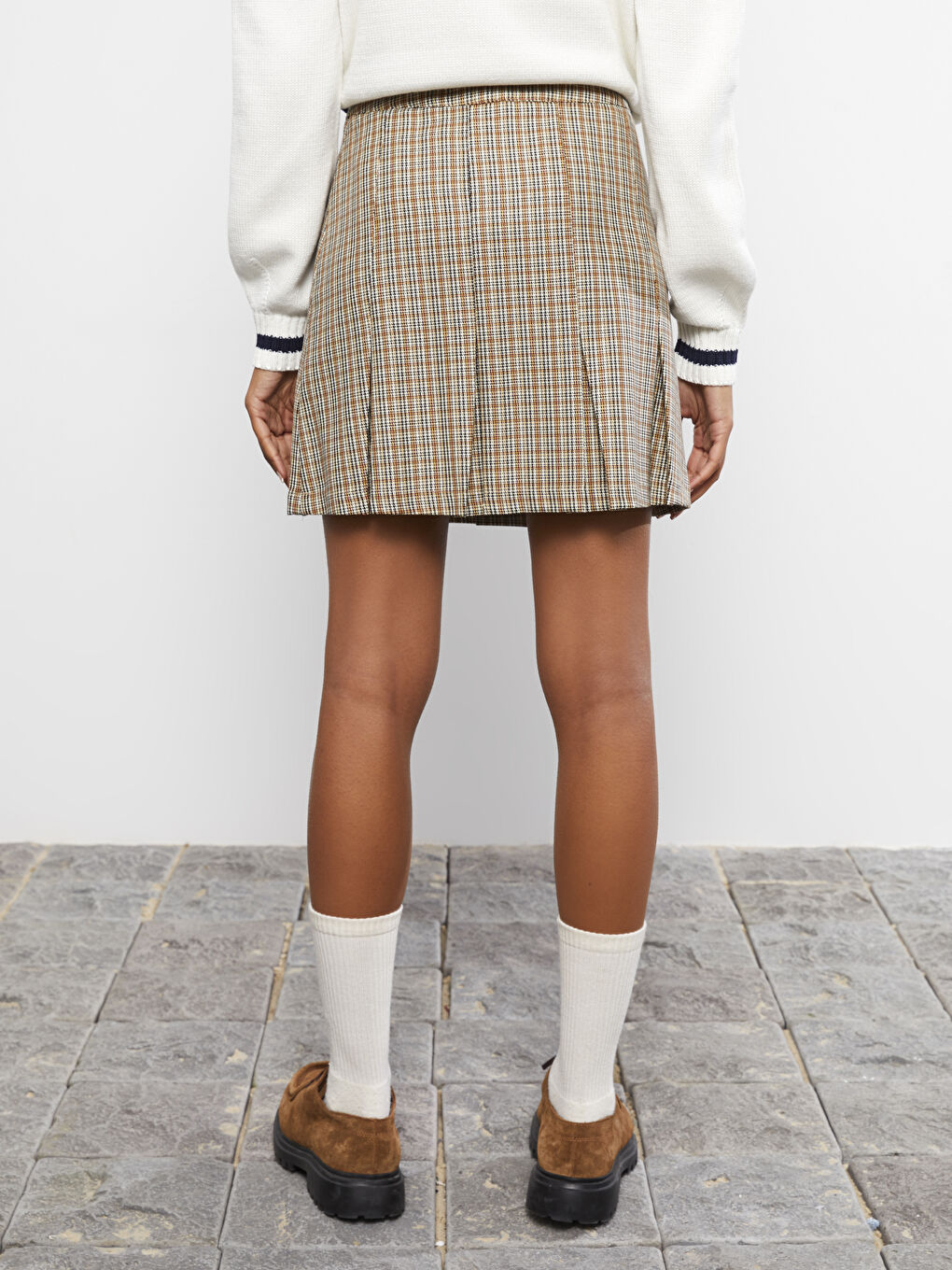 Gri Beli Fermuarlı Desenli Kadın Pileli Etek-4