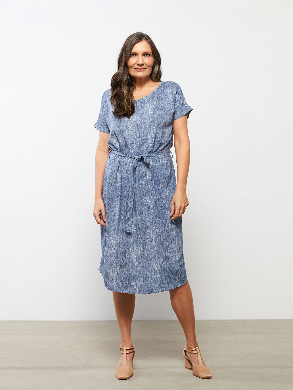 İndigo Bisiklet Yaka Düz Kısa Kollu A Kesim Viskon Kadın Elbise-1