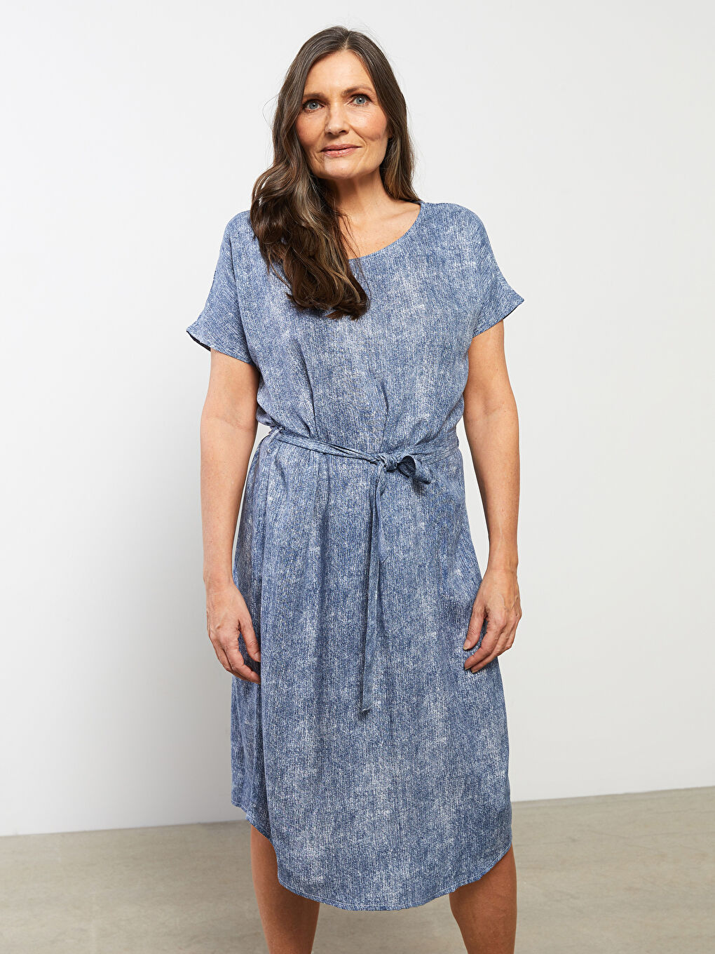 İndigo Bisiklet Yaka Düz Kısa Kollu A Kesim Viskon Kadın Elbise-2