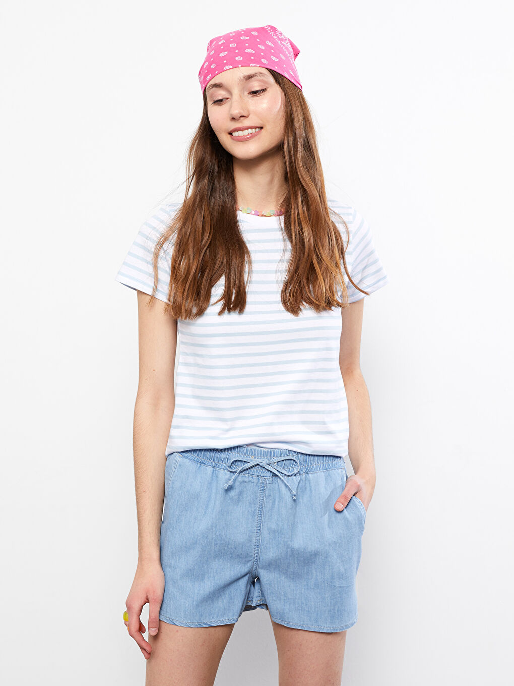 Crew Neck Striped Short Sleeve Cotton Women's T-Shirt-1