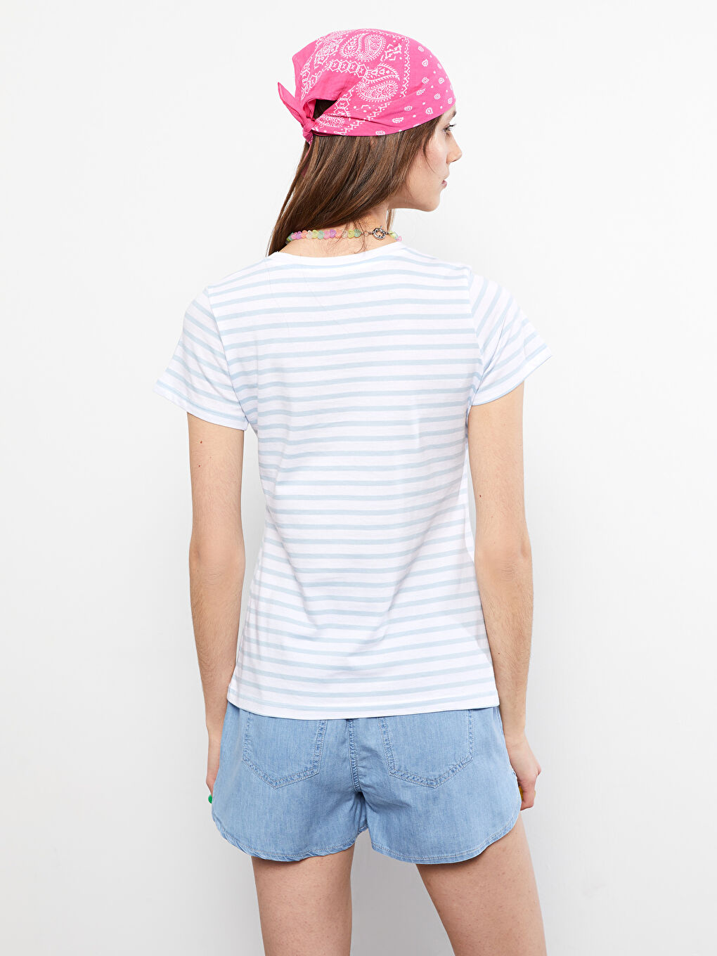 Crew Neck Striped Short Sleeve Cotton Women's T-Shirt-4