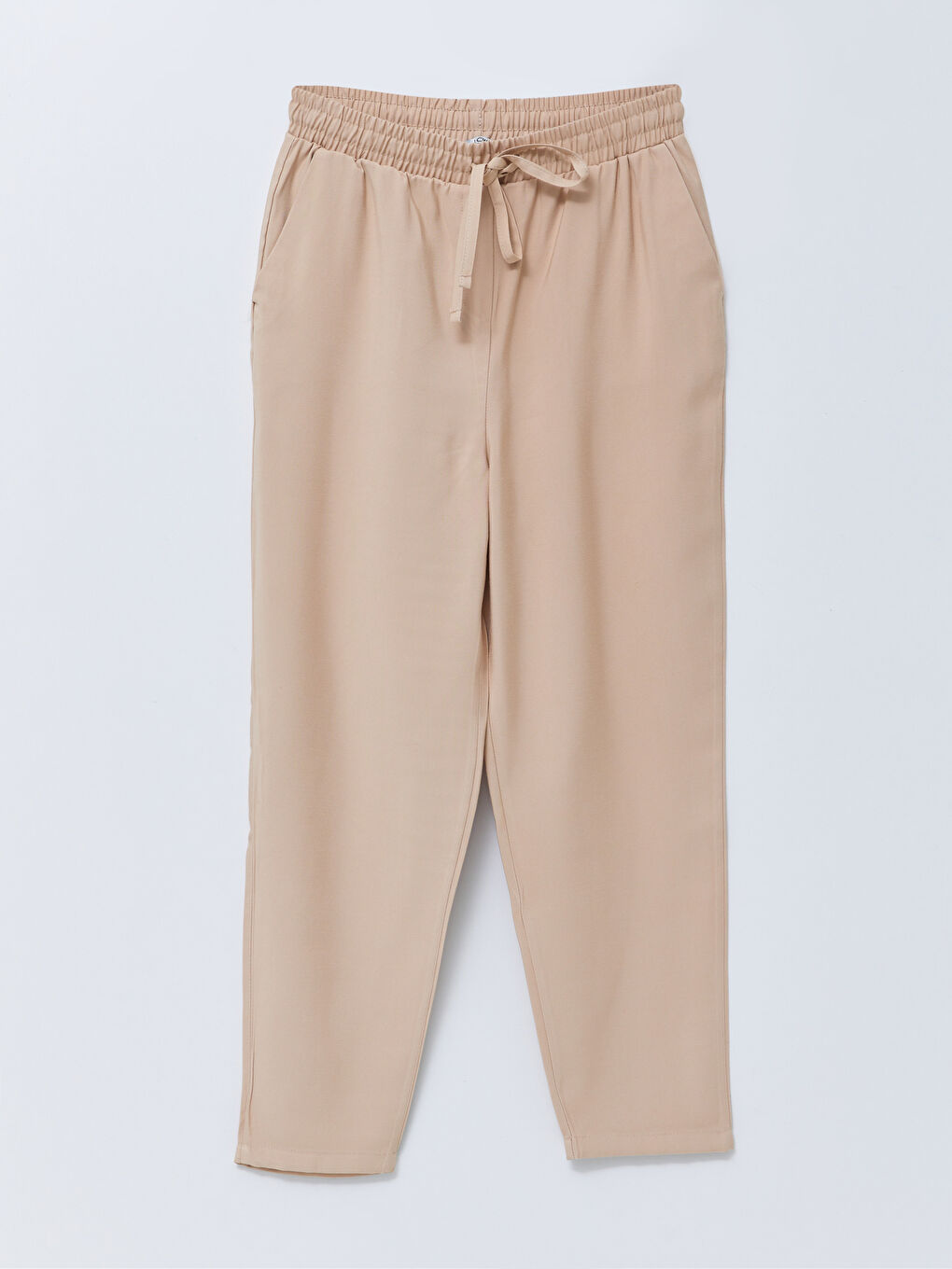 Bej Beli Lastikli Düz Rahat Kalıp Cep Detaylı Kadın Pantolon-5