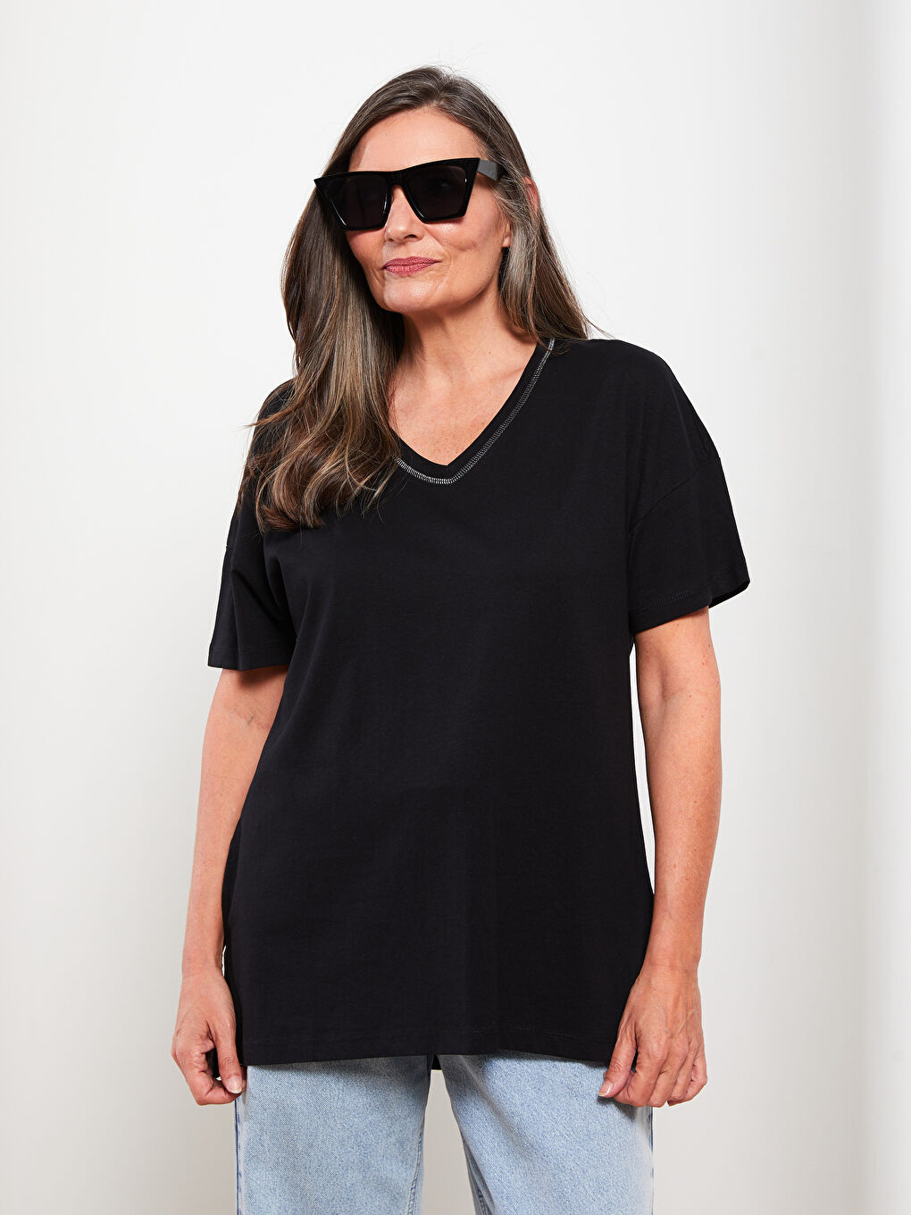 V-neck Straight Short Sleeve Cotton Women's T-Shirt -S2DY80Z8-CVL