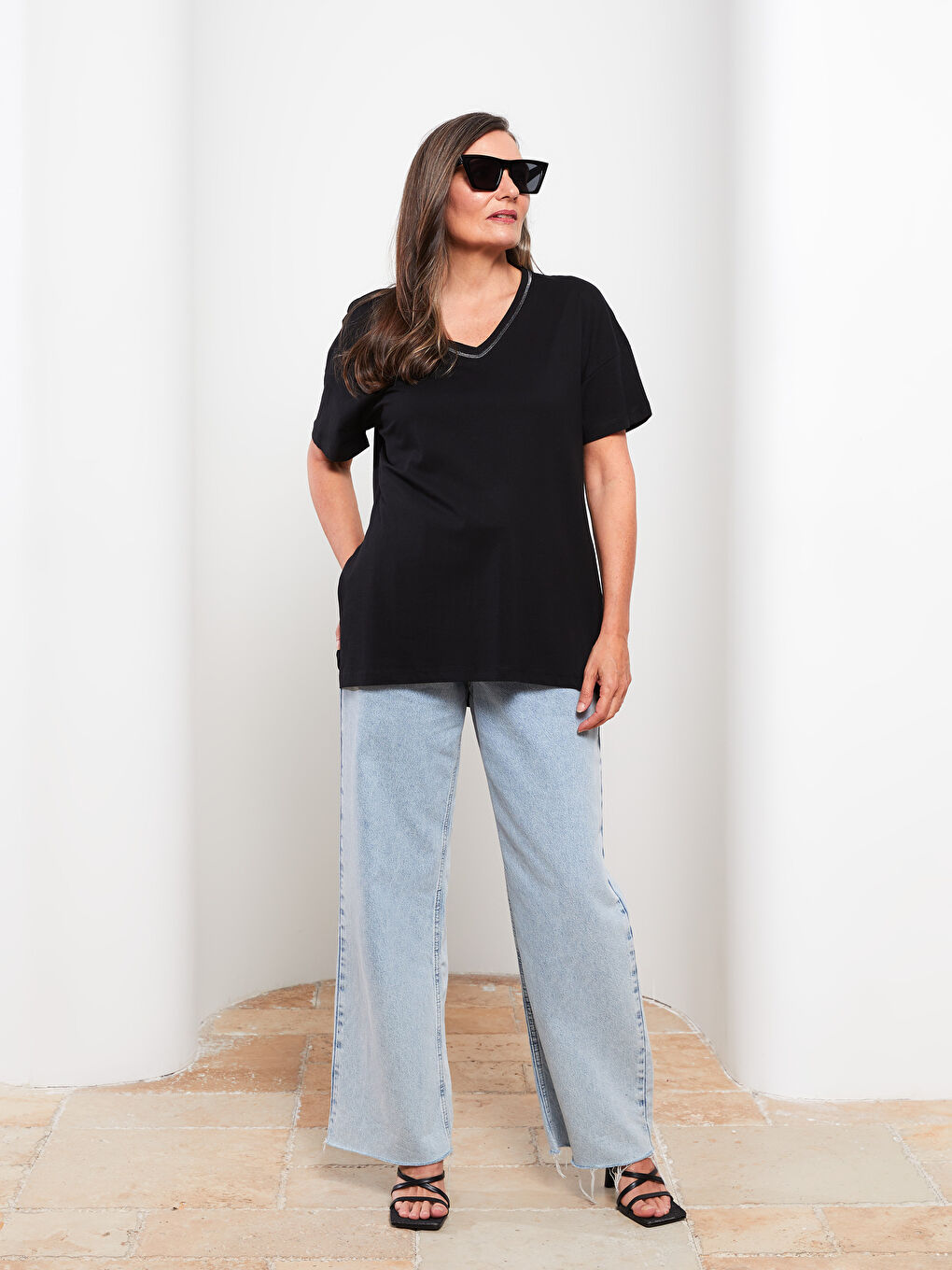 V-neck Straight Short Sleeve Cotton Women's T-Shirt -S2DY80Z8-CVL