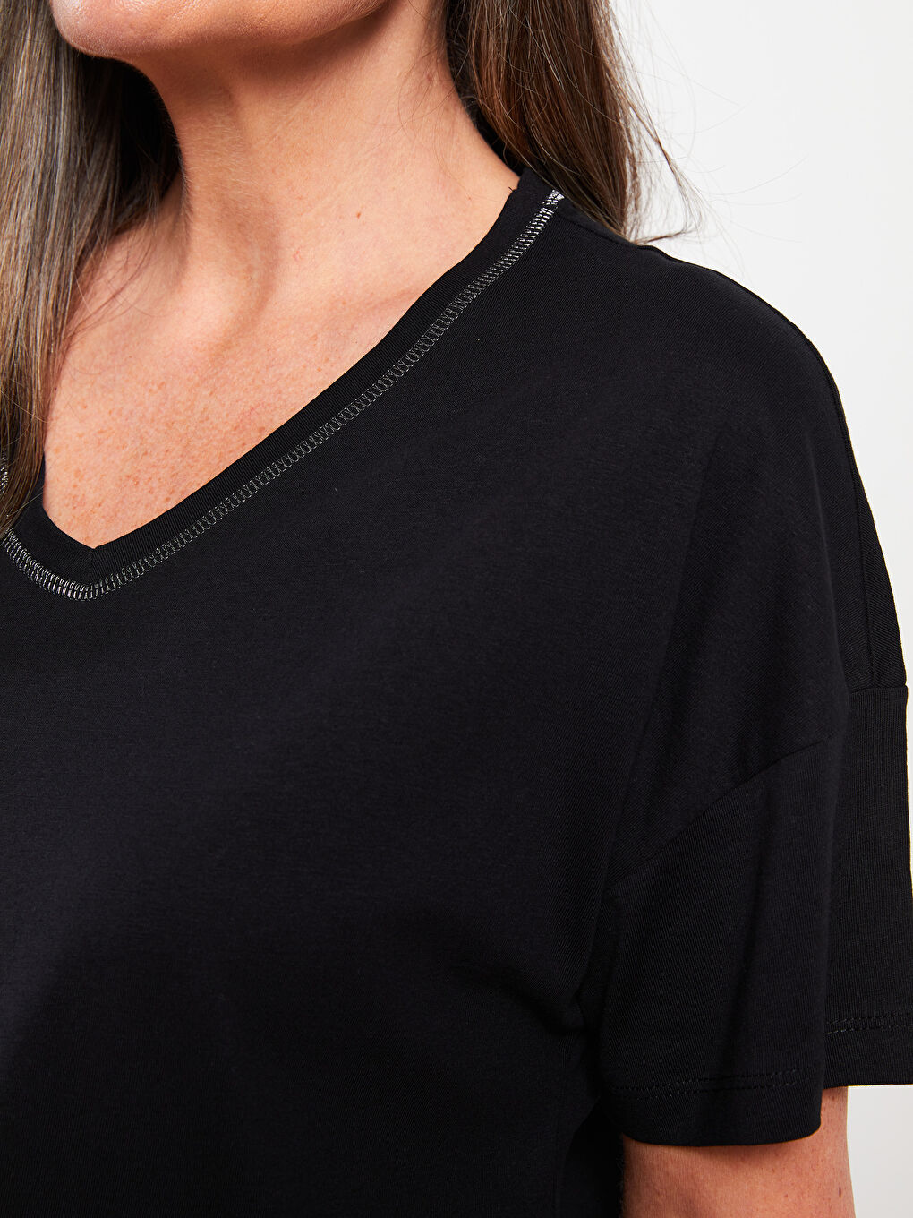 V-neck Straight Short Sleeve Cotton Women's T-Shirt -S2DY80Z8-CVL