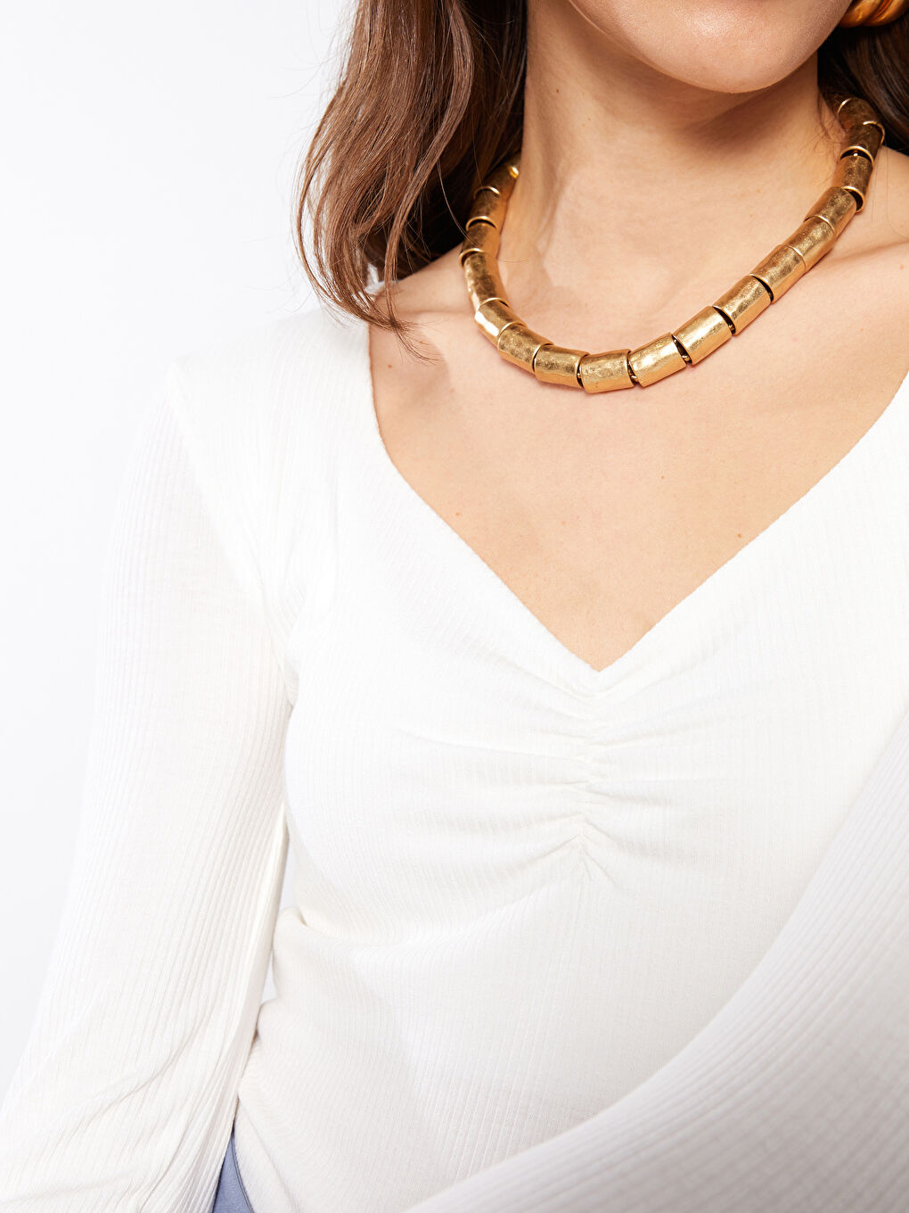 Ekru V Yaka Düz Uzun Kollu Kadın Tişört-2