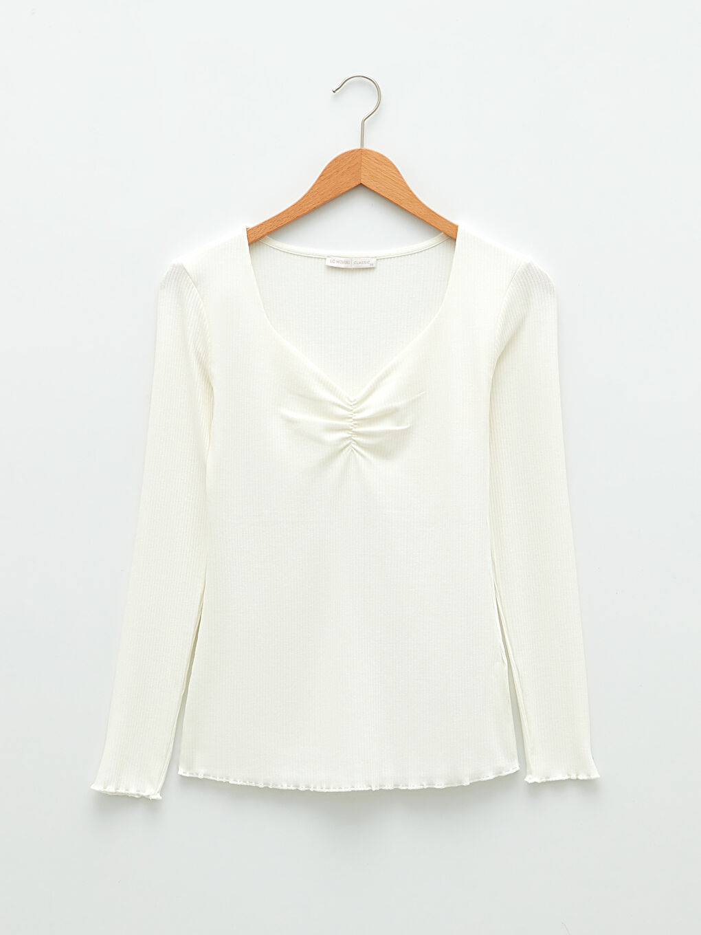 Ekru V Yaka Düz Uzun Kollu Kadın Tişört-4