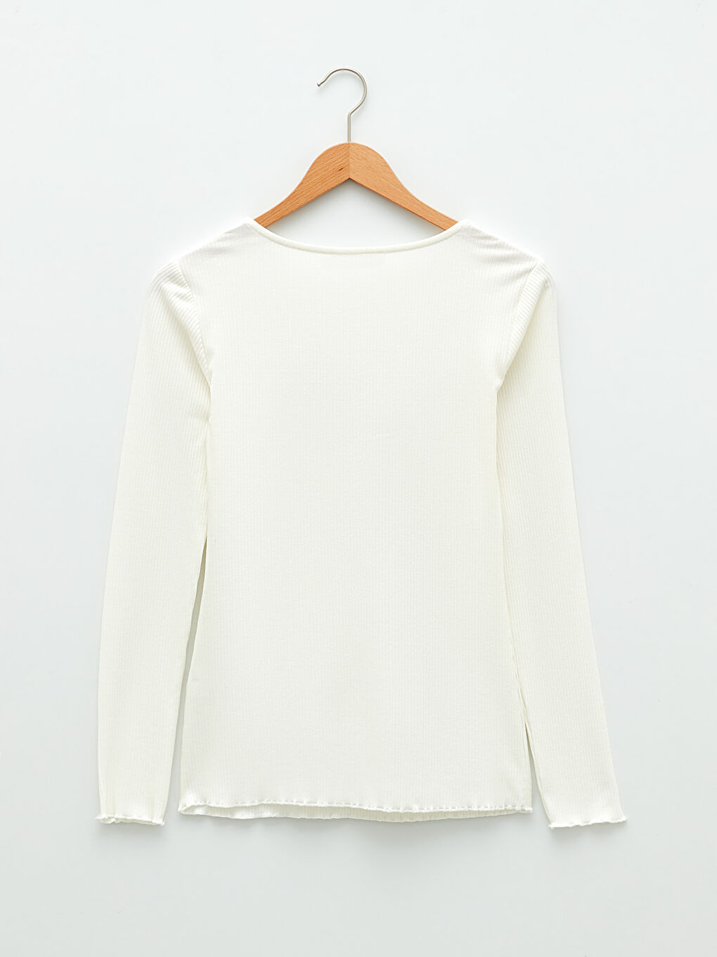 Ekru V Yaka Düz Uzun Kollu Kadın Tişört-5
