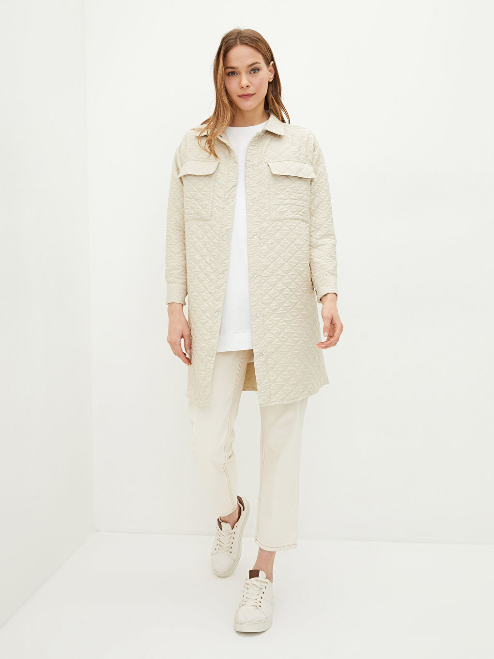 Shirt Collar Quilted Patterned Long Sleeve Women's Coat-1