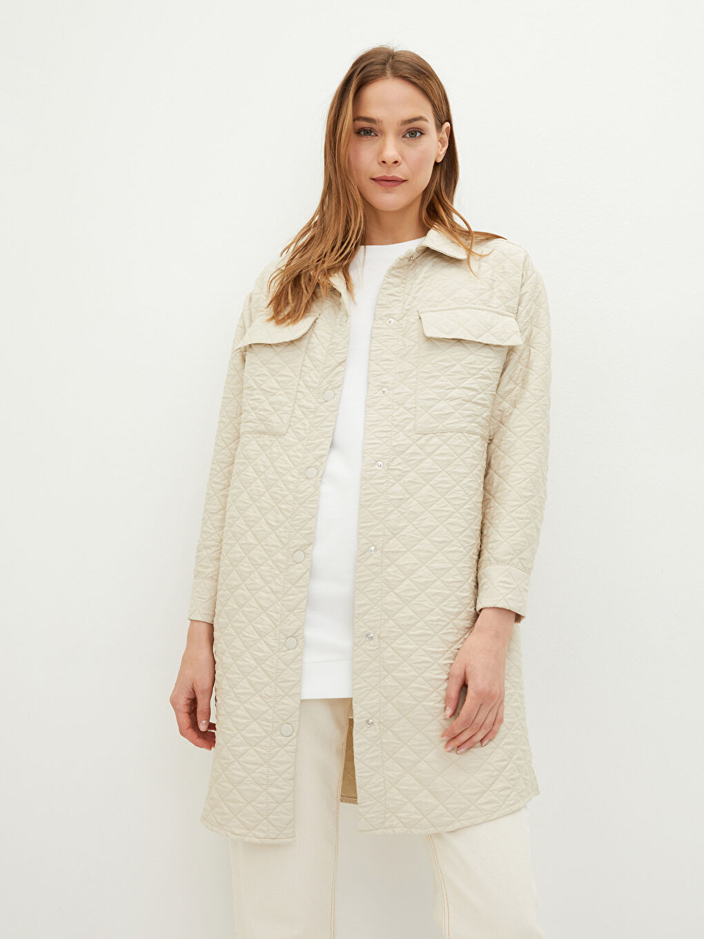 Shirt Collar Quilted Patterned Long Sleeve Women's Coat-2