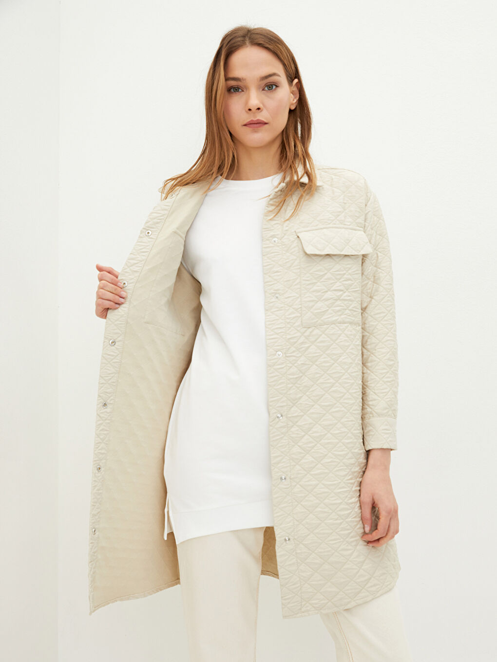 Shirt Collar Quilted Patterned Long Sleeve Women's Coat-3