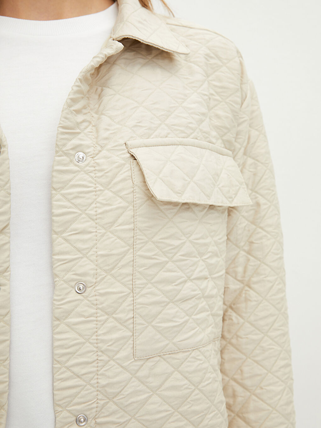 Shirt Collar Quilted Patterned Long Sleeve Women's Coat-4