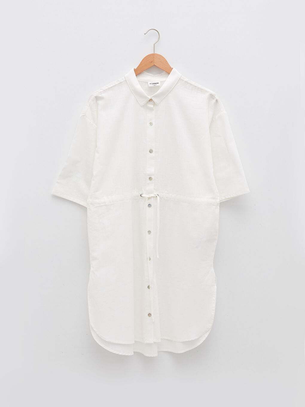 Beyaz Gömlek Yaka Düz Kısa Kollu Pamuklu Kadın Plaj Elbisesi-4