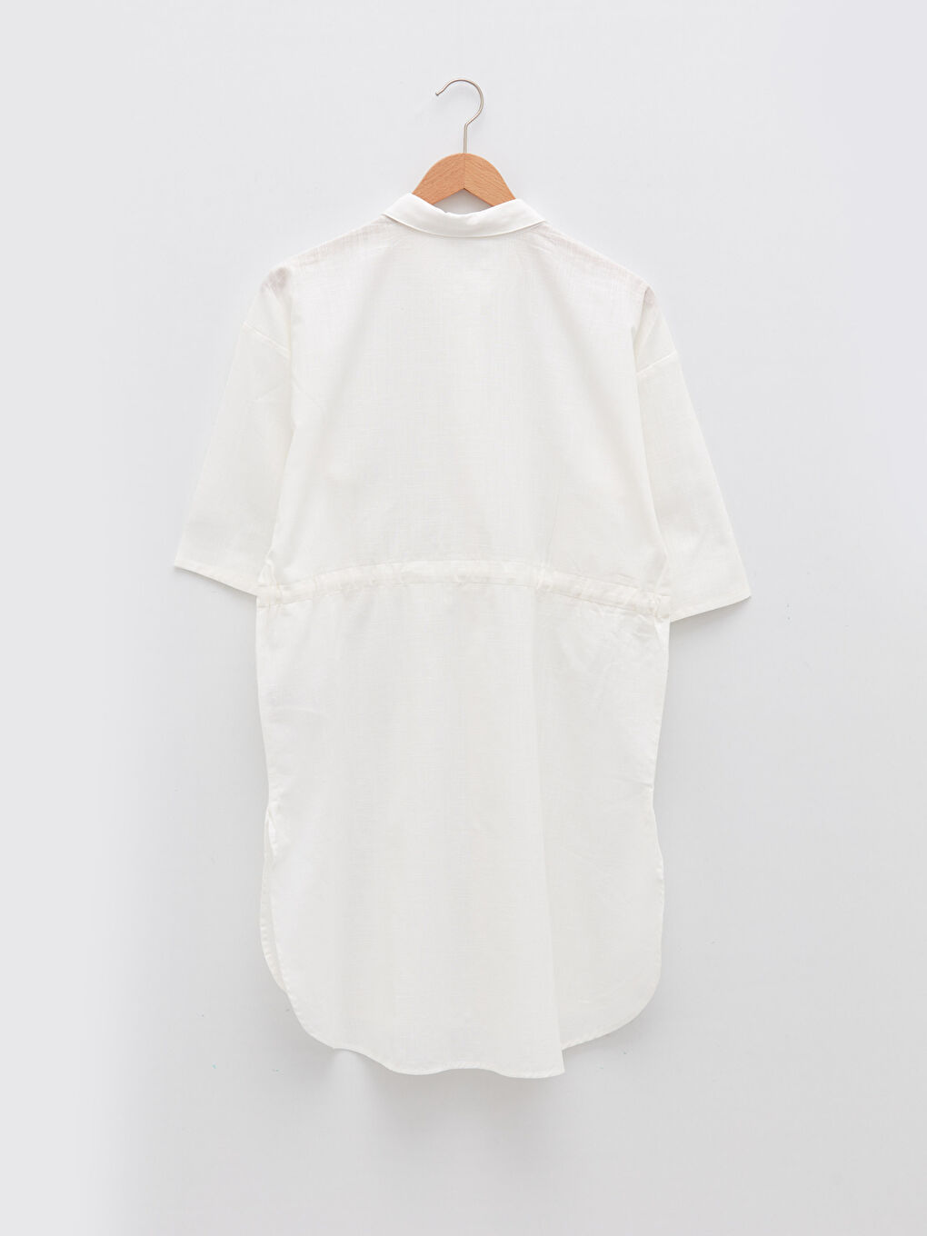 Beyaz Gömlek Yaka Düz Kısa Kollu Pamuklu Kadın Plaj Elbisesi-5