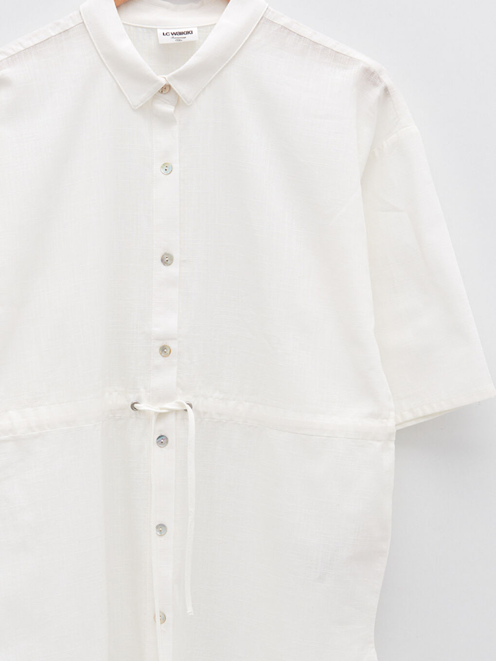 Beyaz Gömlek Yaka Düz Kısa Kollu Pamuklu Kadın Plaj Elbisesi-6