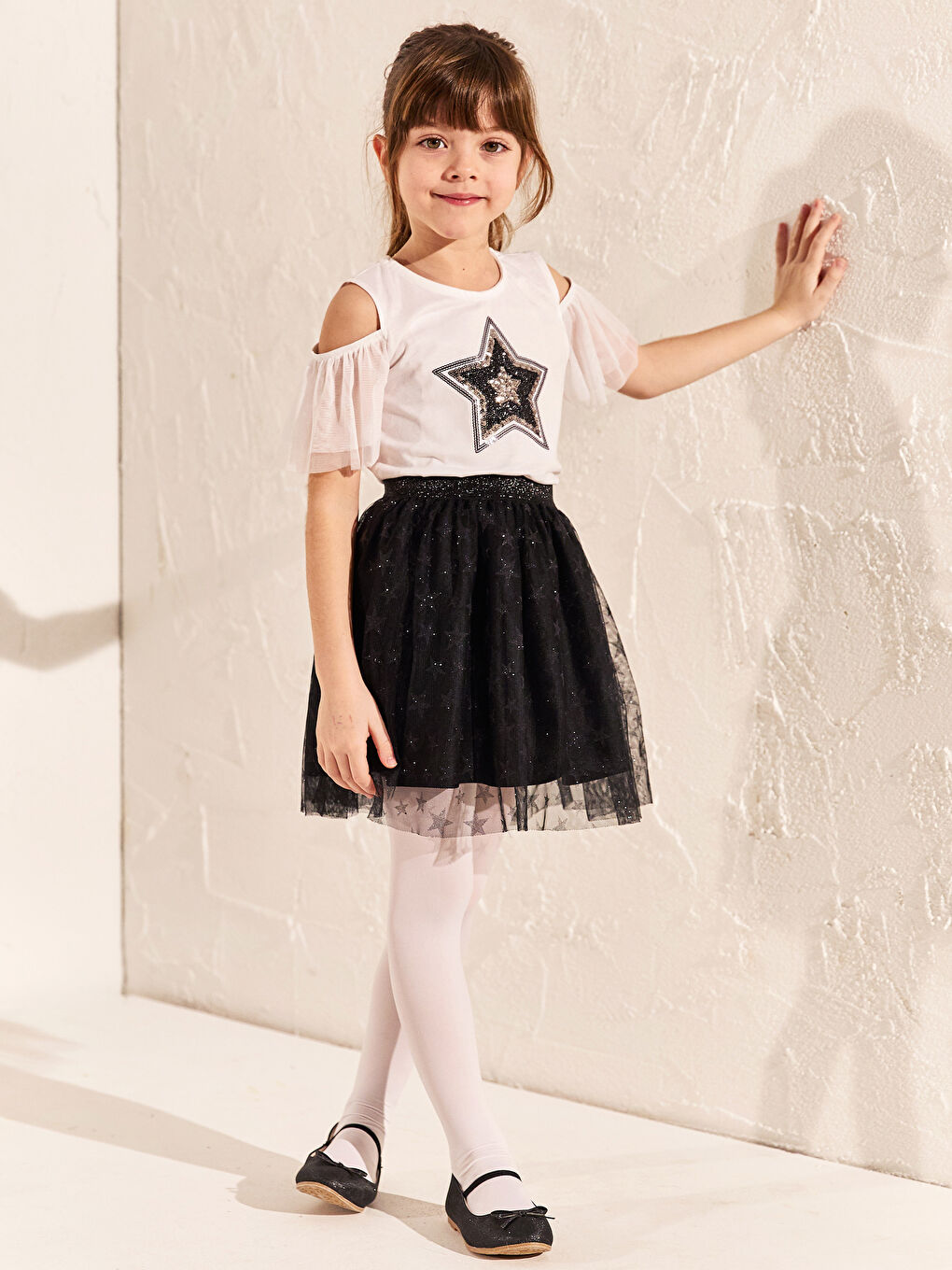 Siyah Beli Lastikli Baskılı Kız Çocuk Etek