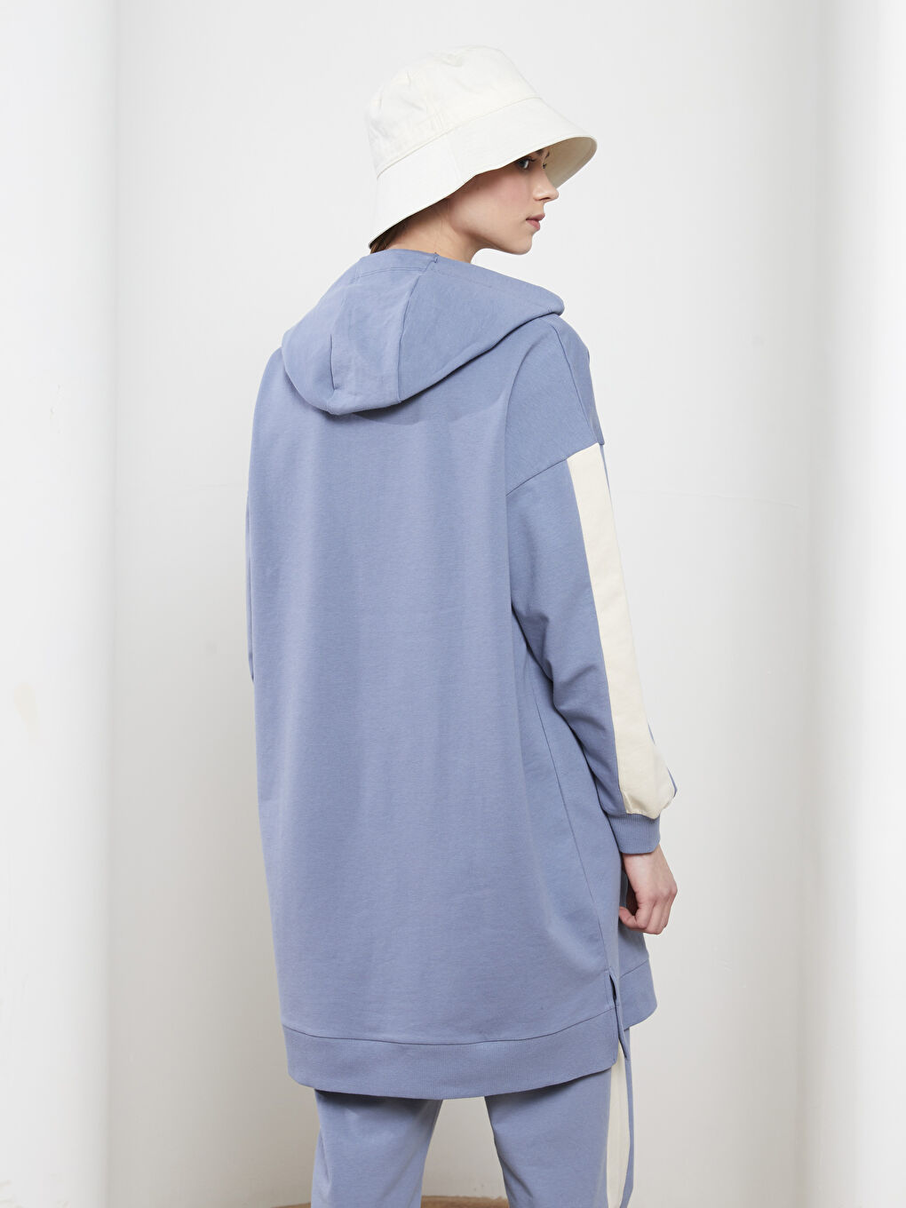 Mavi Kapüşonlu Renk Bloklu Uzun Kollu Kadın Sweatshirt Tunik-3