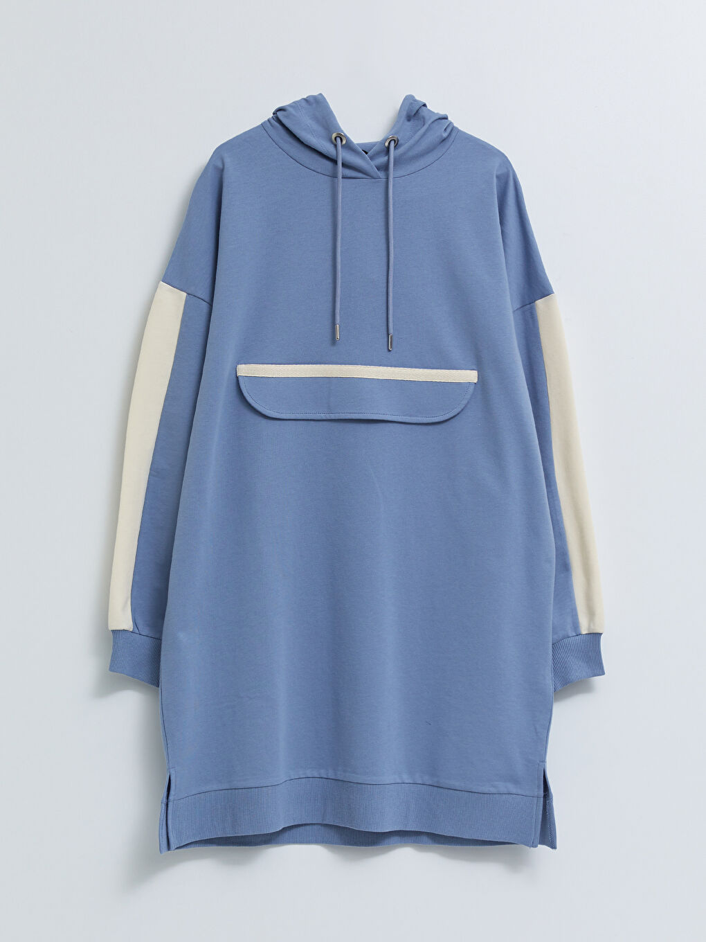 Mavi Kapüşonlu Renk Bloklu Uzun Kollu Kadın Sweatshirt Tunik-4