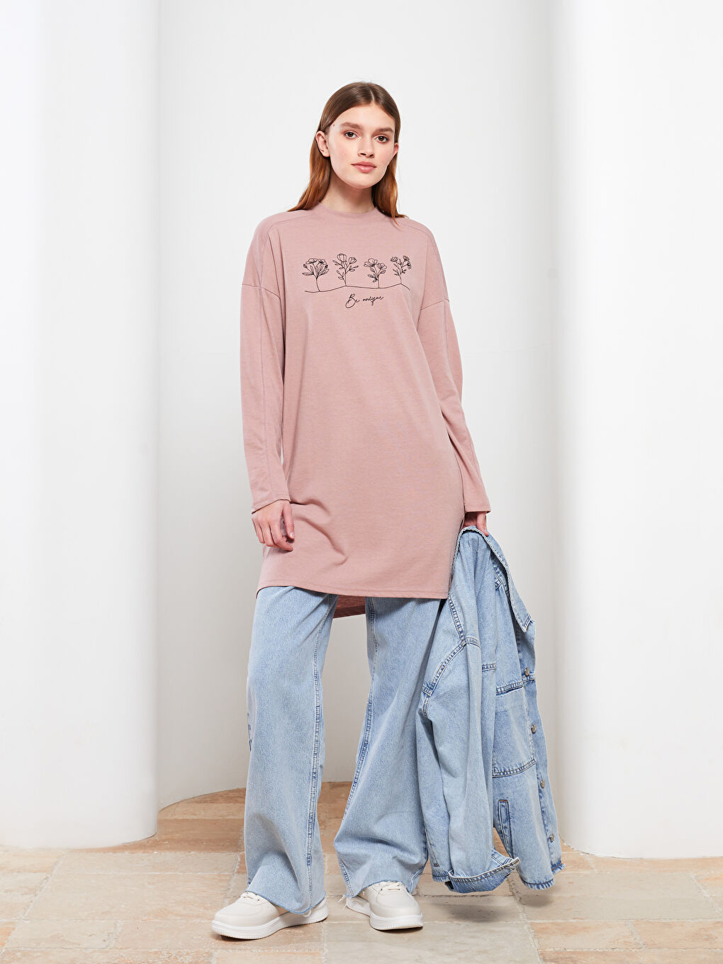 Pembe Bisiklet Yaka Baskılı Uzun Kollu Kadın Tunik